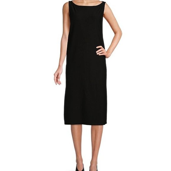 EILEEN FISHER Black Washable Stretch Knit Boat Neck Sleeveless Shift Sz … - Picture 1 of 12